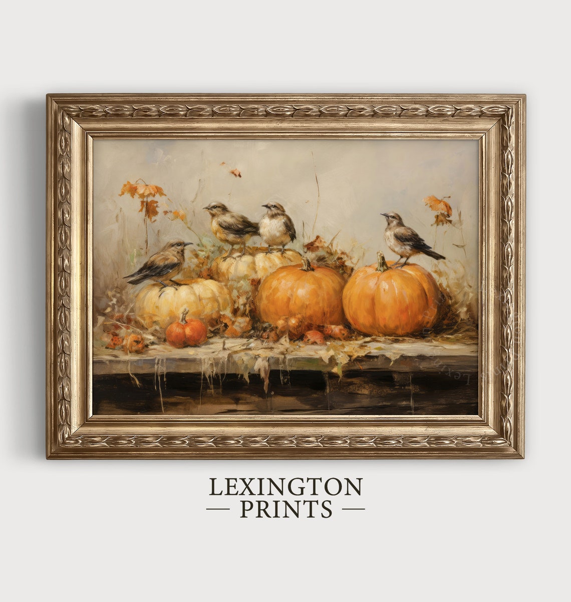 Birds Perched on Pumpkins on Wooden Table Autumn Bird Poster - Image 5