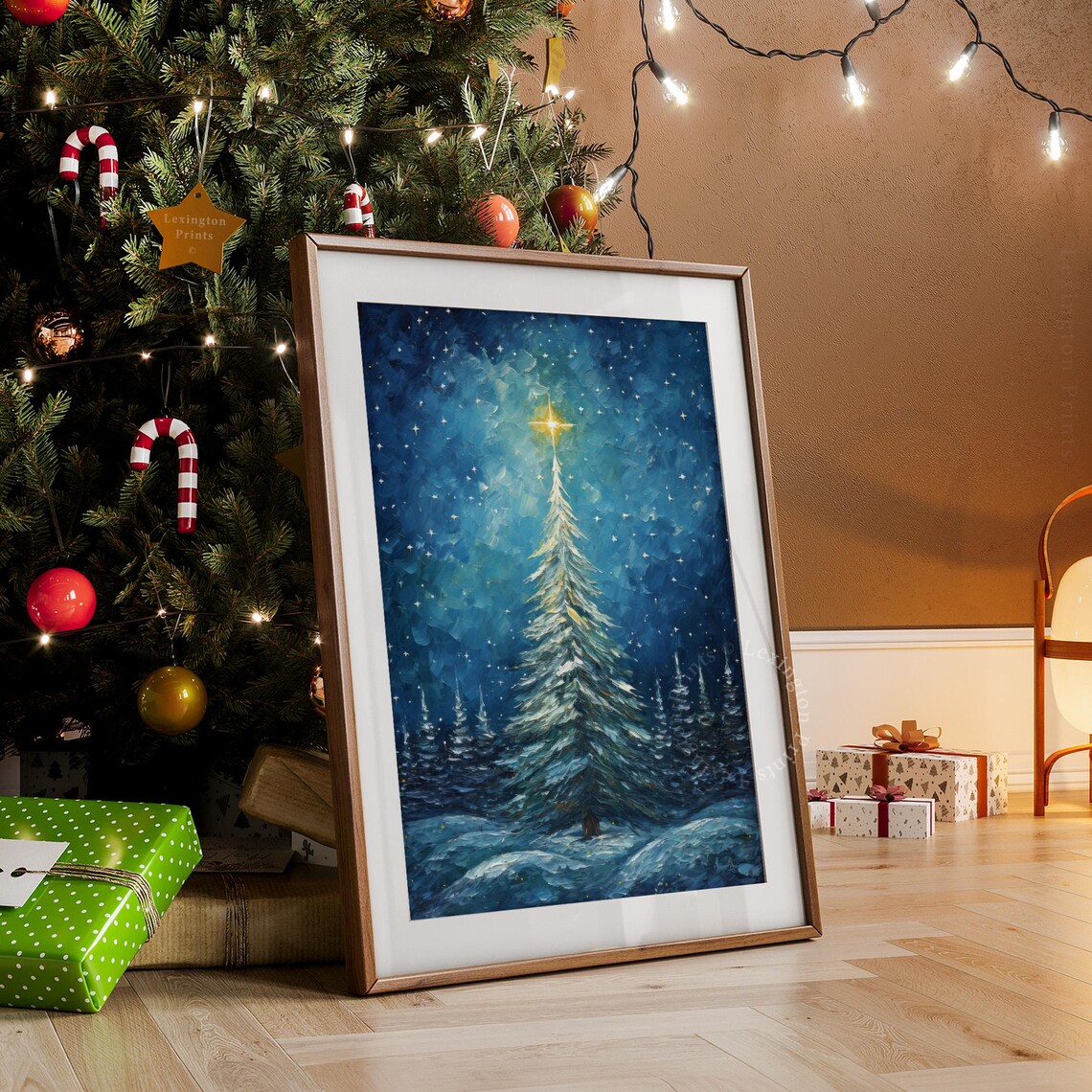 Snowy White Christmas Tree Glowing Star Blue Night Sky Poster - Image 7
