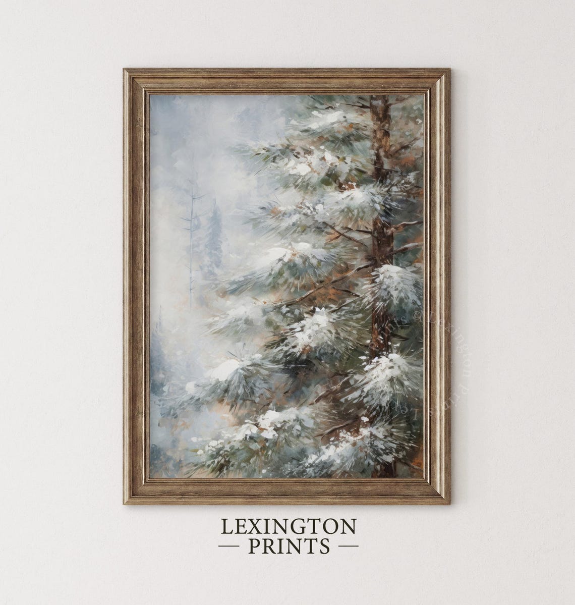 Snow Covered Pine Tree Branches Misty Winter Forest Close Up Poster - Image 5