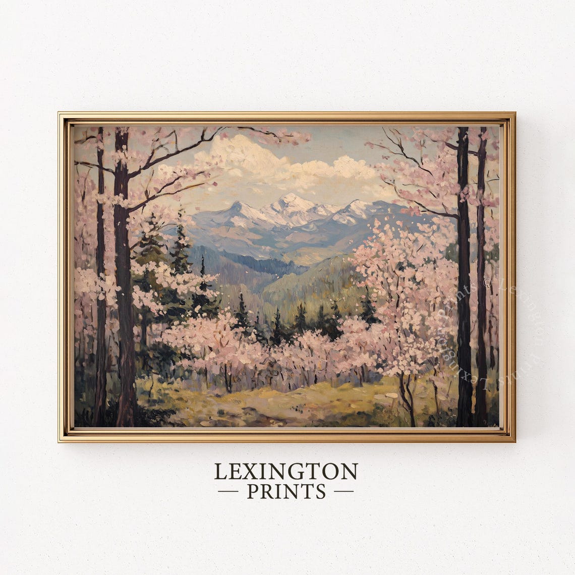 Cherry Blossom Grove with Dark Trunks and Snowy Peaks Wall Art - Image 4