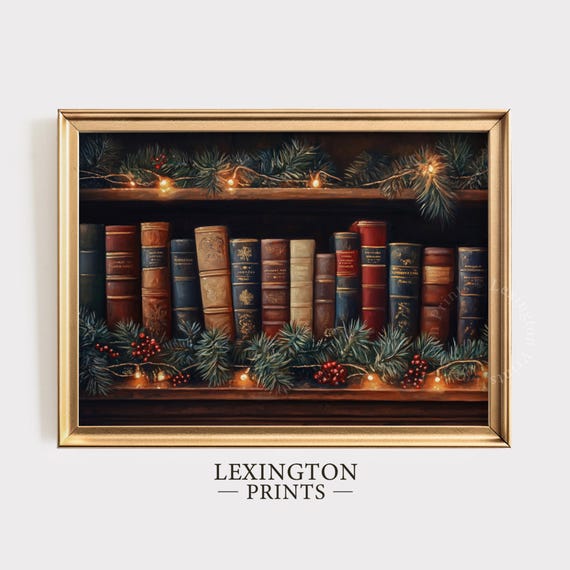 Moody Christmas Bookshelf Print Christmas Wall Art Dark Academia Decor Library Print Christmas Book Lover Gift Holiday Decor 963