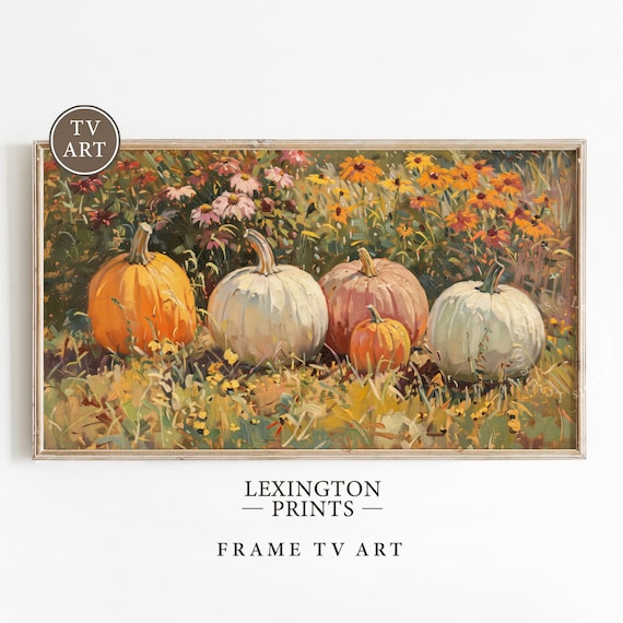 Vintage Fall Pumpkin Patch Wildflower Meadow Oil Painting Poster