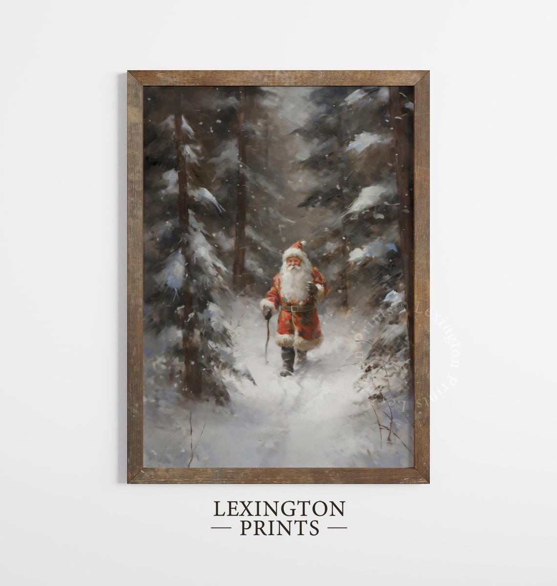 Santa Claus Walking Through a Snowy Forest Vintage Painting Poster - Image 5