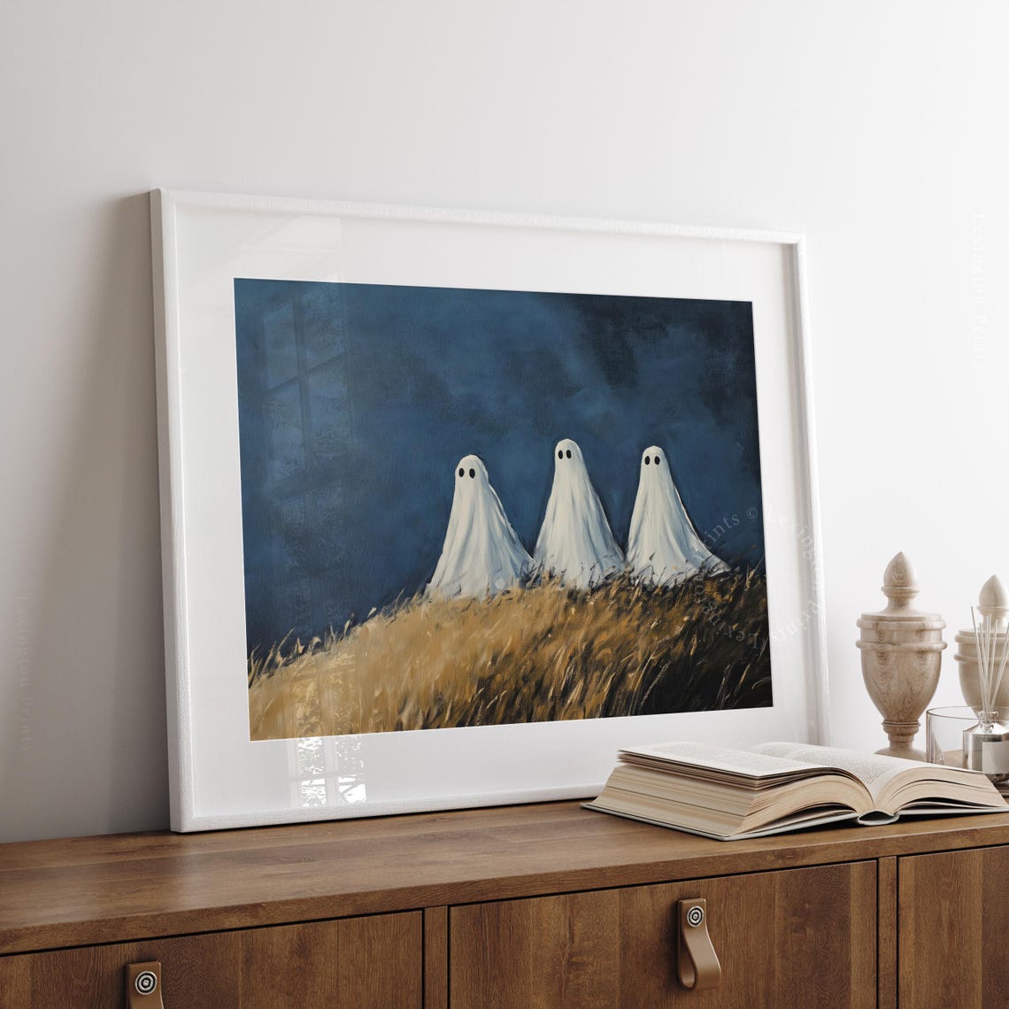 Three Little Ghosts on Grassy Hill Under Dark Blue Night Sky Poster - Image 5