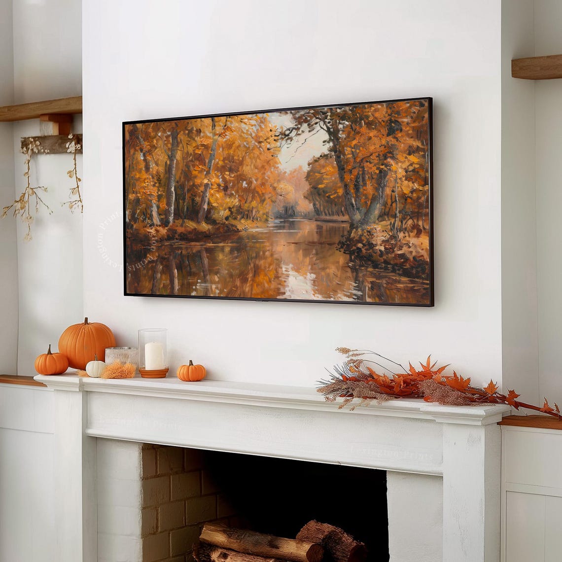 Golden Fall River Landscape with Autumn Trees Frame TV Art Print - Image 7
