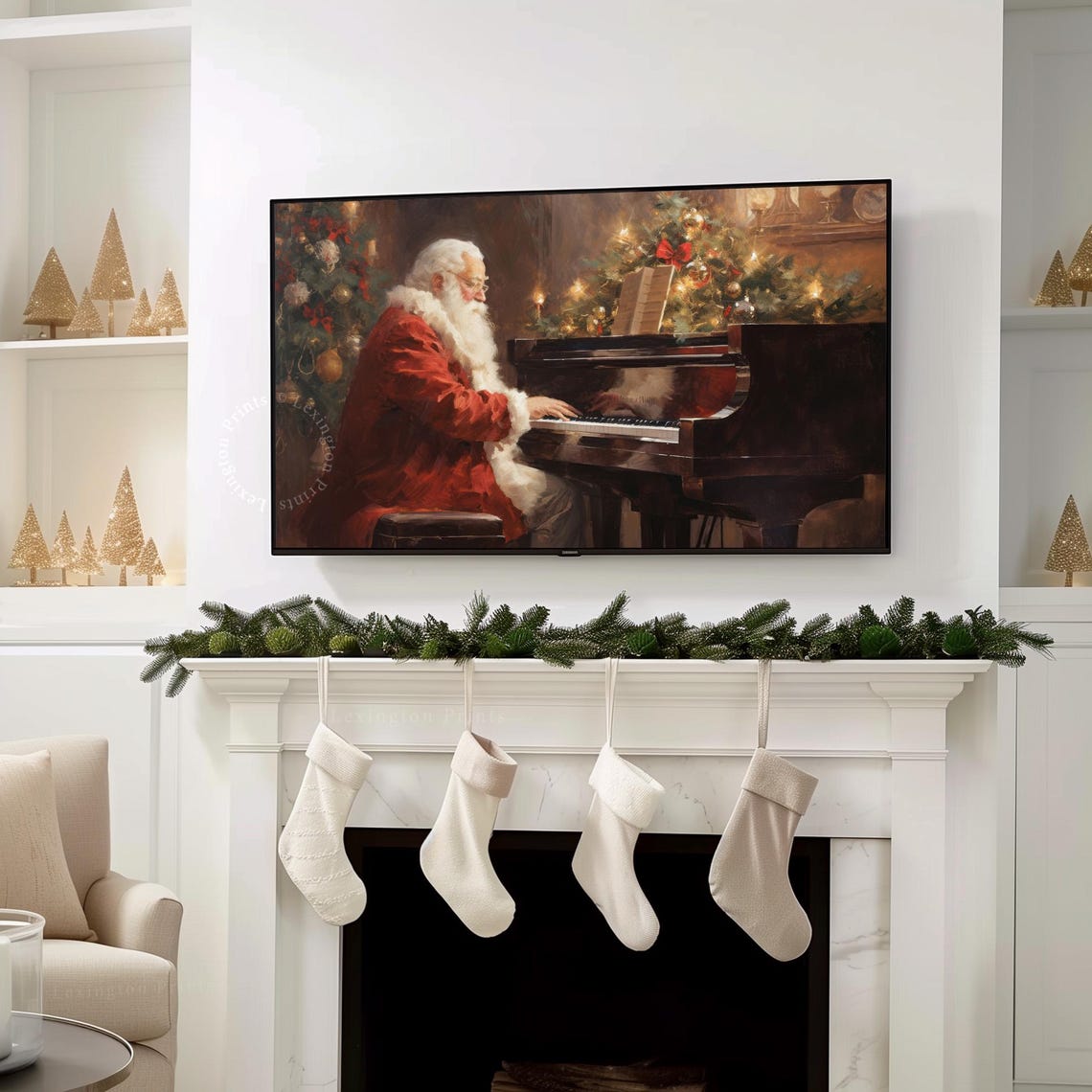Santa Claus Playing Grand Piano by Christmas Tree Frame TV Art Poster - Image 4