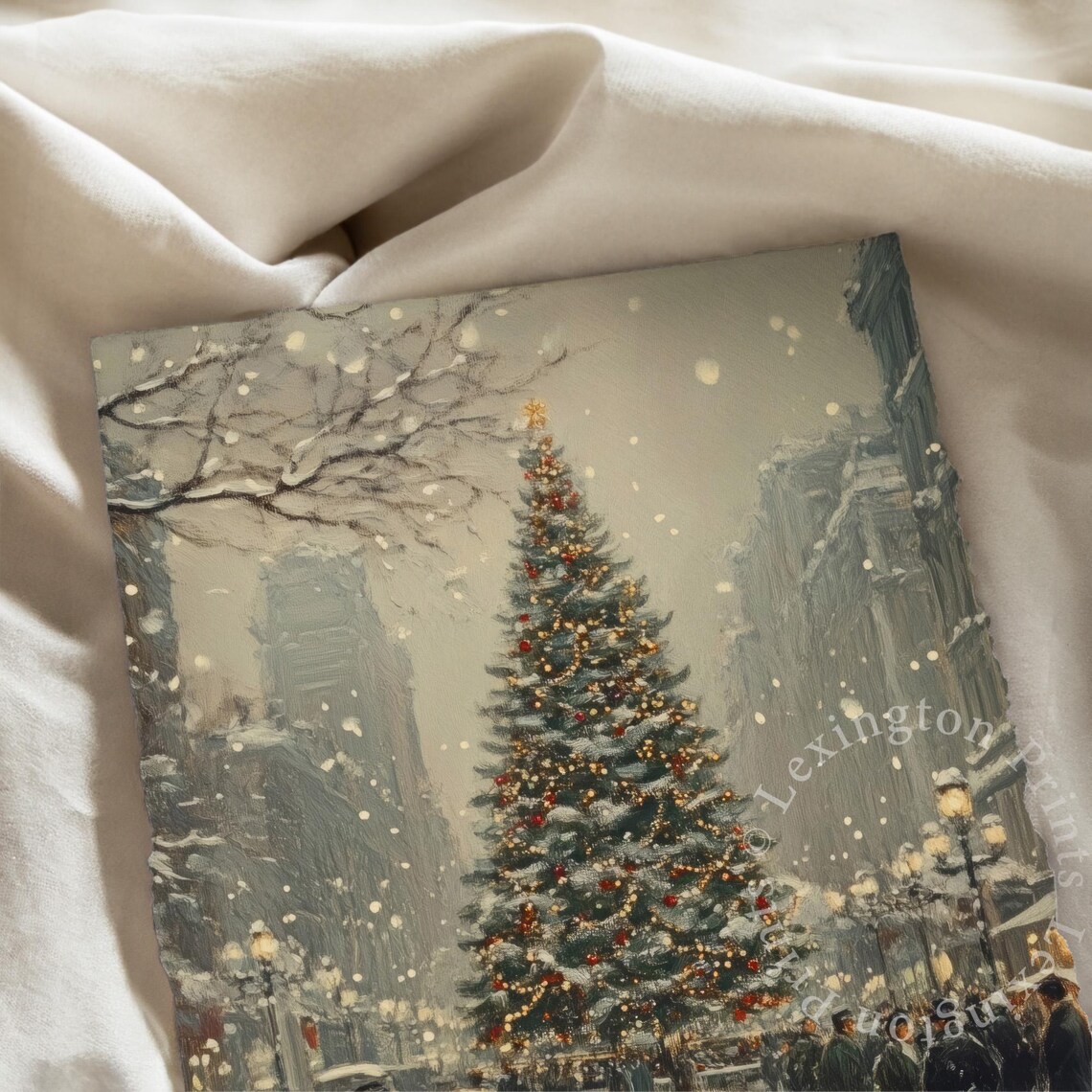Snowy City Christmas Tree Vintage Couple Winter Painting Poster - Image 6