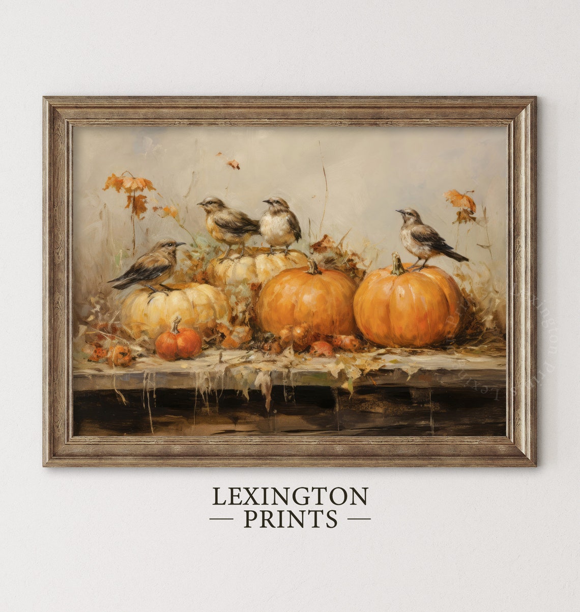 Birds Perched on Pumpkins on Wooden Table Autumn Bird Poster - Image 2