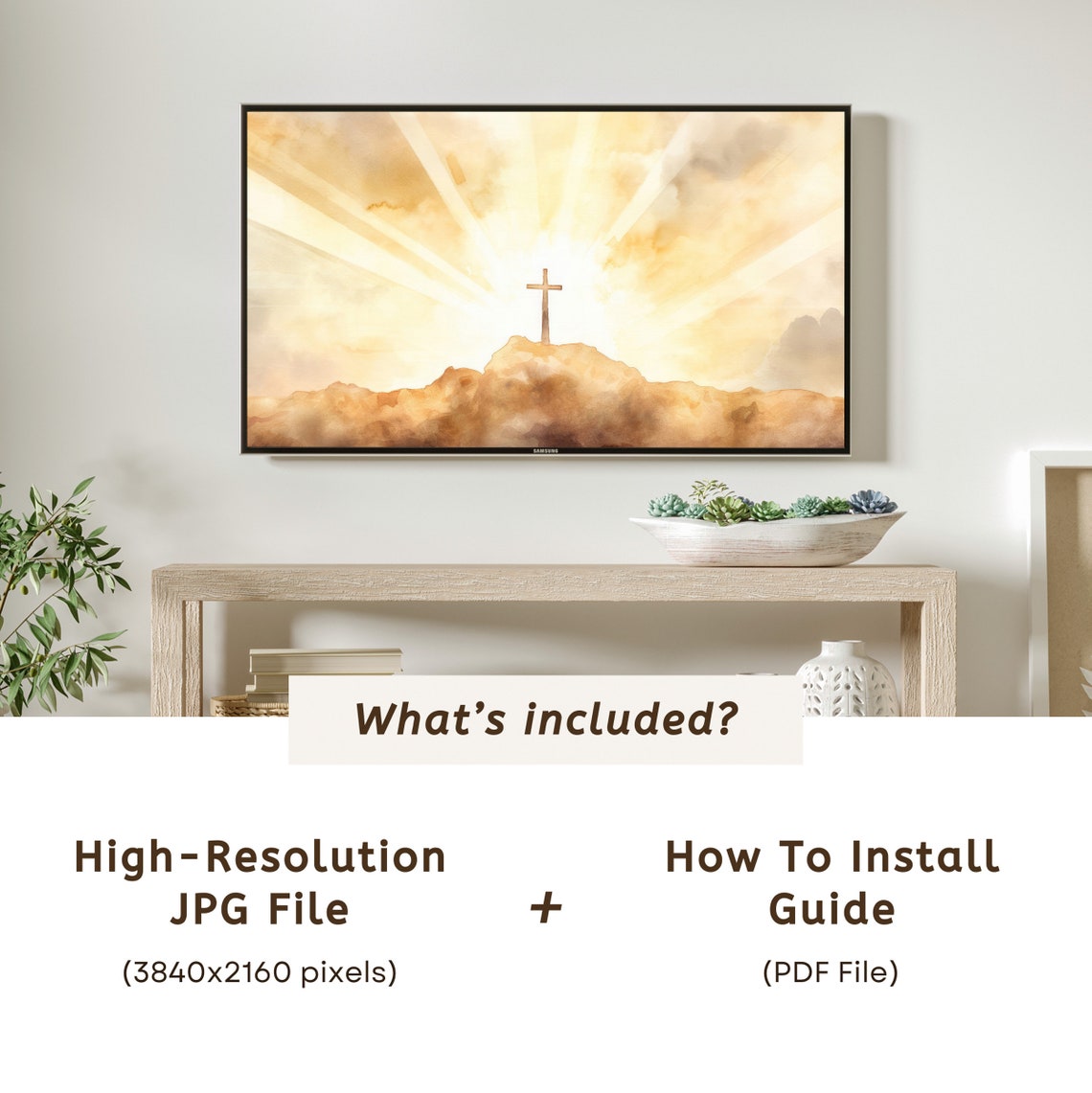 Cross On Hill Golden Sunrise Watercolor Frame TV Art Christian Poster - Image 6