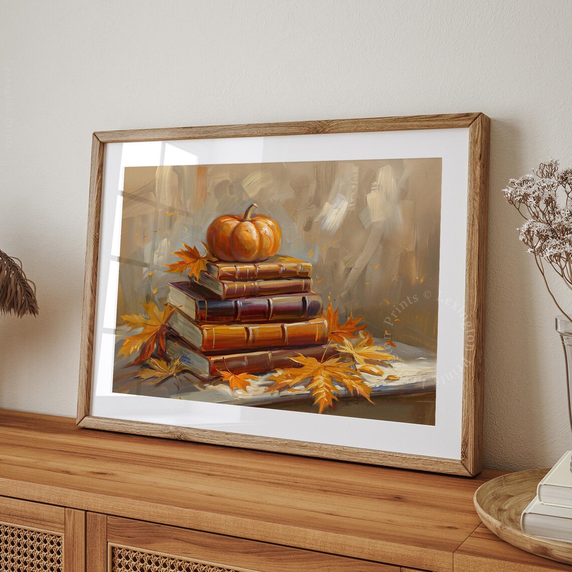 Stack of Vintage Books with Pumpkin Maple Leaves Oil Painting Fall Poster - Image 8