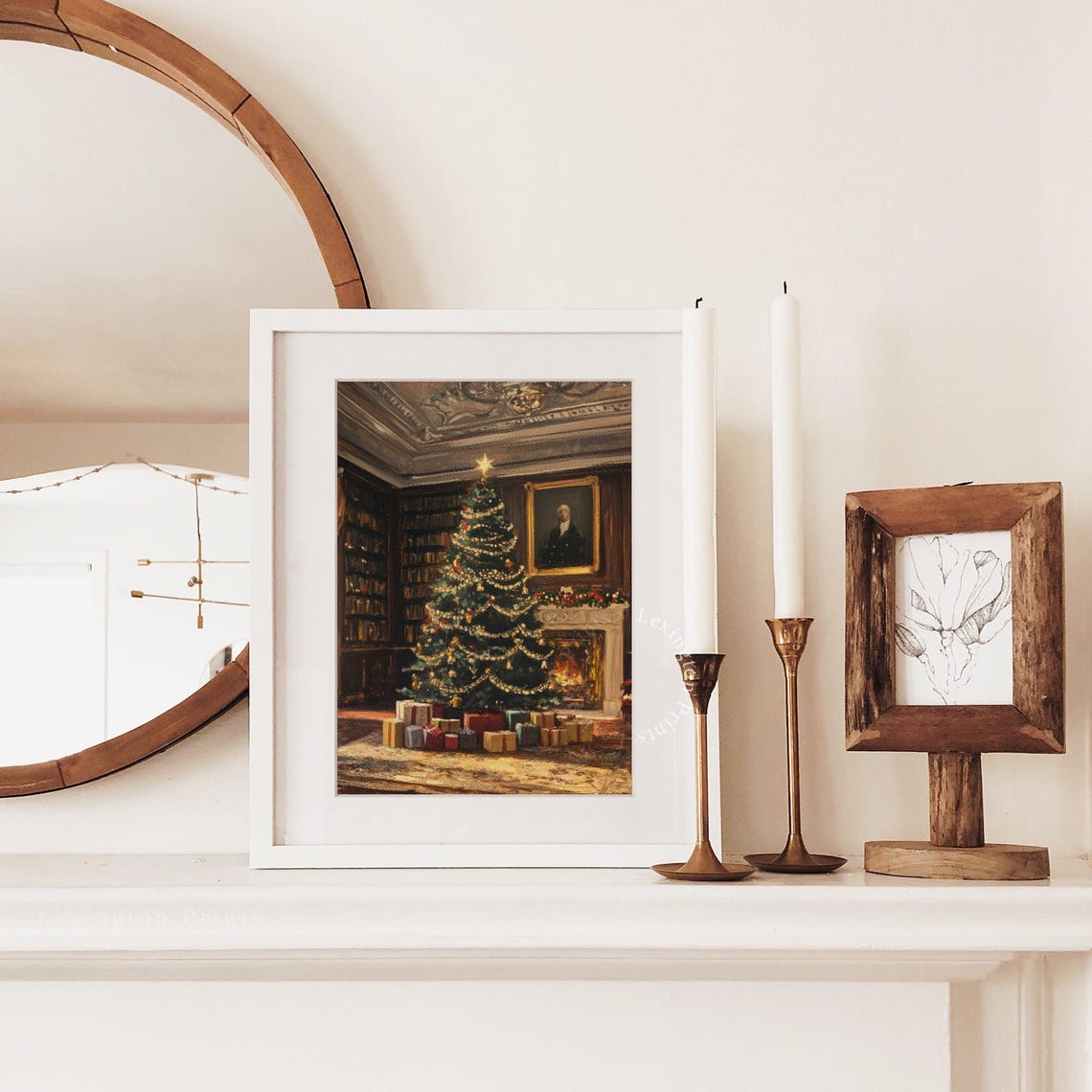 Dark Academia Christmas Tree Library Fireplace Oil Painting Poster - Image 2