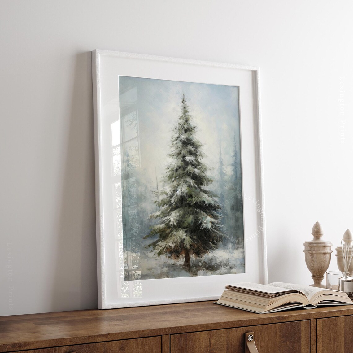 Snowy Pine Tree Winter Forest Foggy Landscape Vintage Painting Poster - Image 4