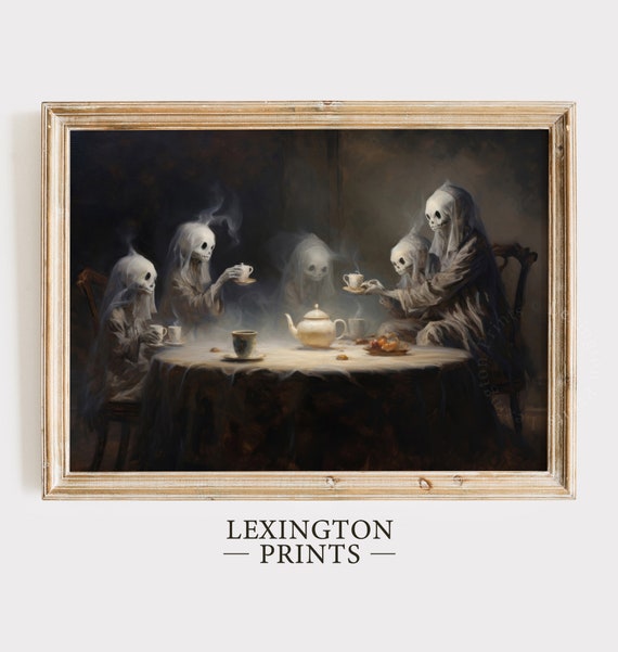 Halloween Wall Art Ghost Tea Party Gothic Art Halloween Decor Cute Ghost Spooky Season Wall Art Halloween Vintage Oil Painting 103