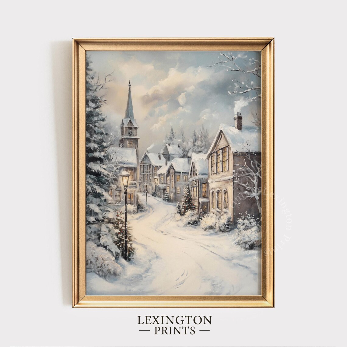 Snowy Village Church Steeple Christmas Winter Painting Poster - Image 5