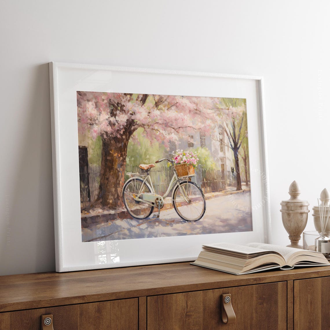 Vintage Bicycle With Flower Basket Under Cherry Blossom Tree Print - Image 4