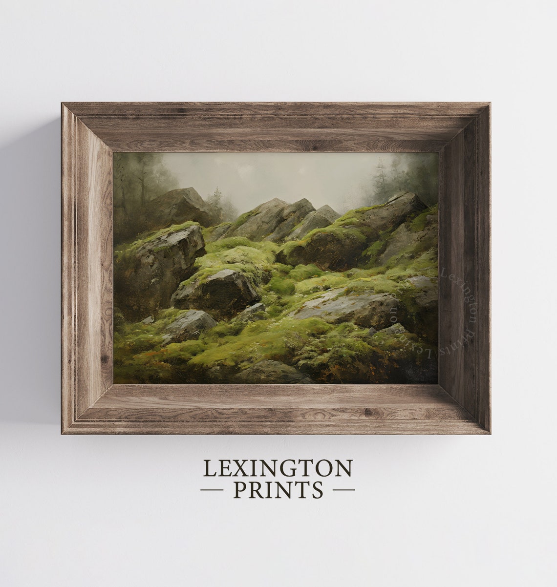 Moss Covered Rocks in Misty Green Forest Oil Painting Poster - Image 5