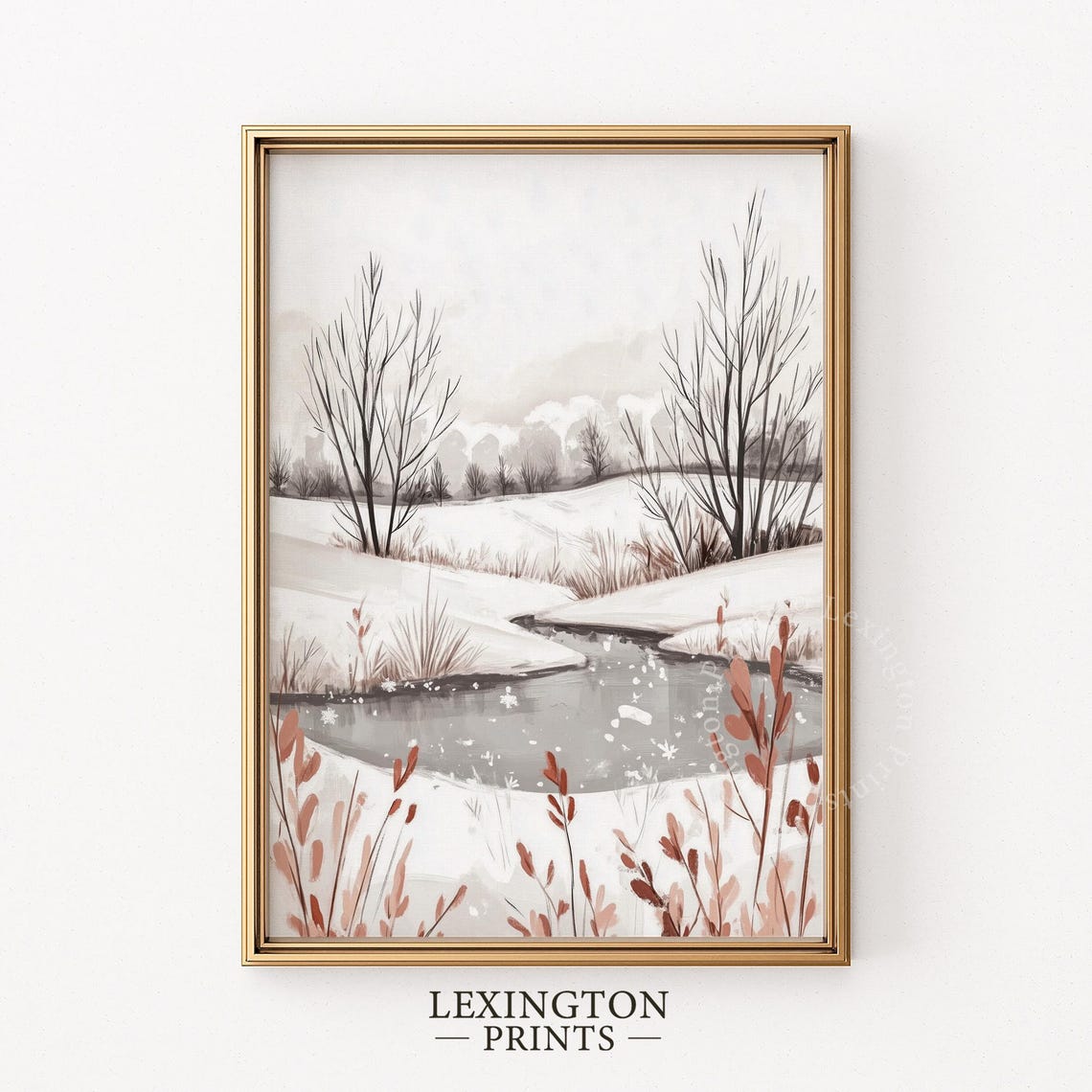 Snowy Winter Stream Bare Trees Watercolor Landscape Painting Poster - Image 6
