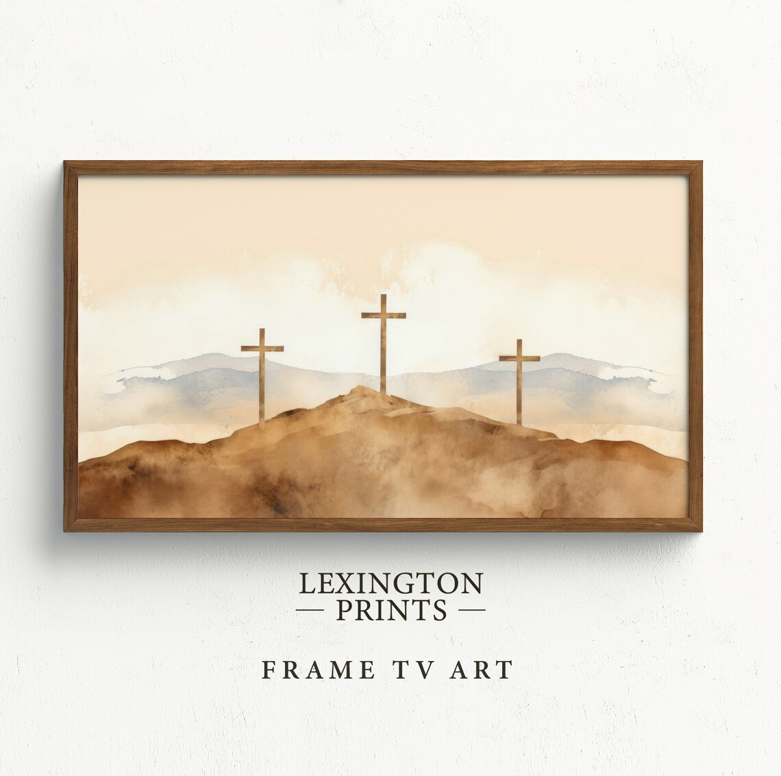 Three Wooden Crosses On Hill Soft Watercolor Sunrise Frame TV Art Poster - Image 5