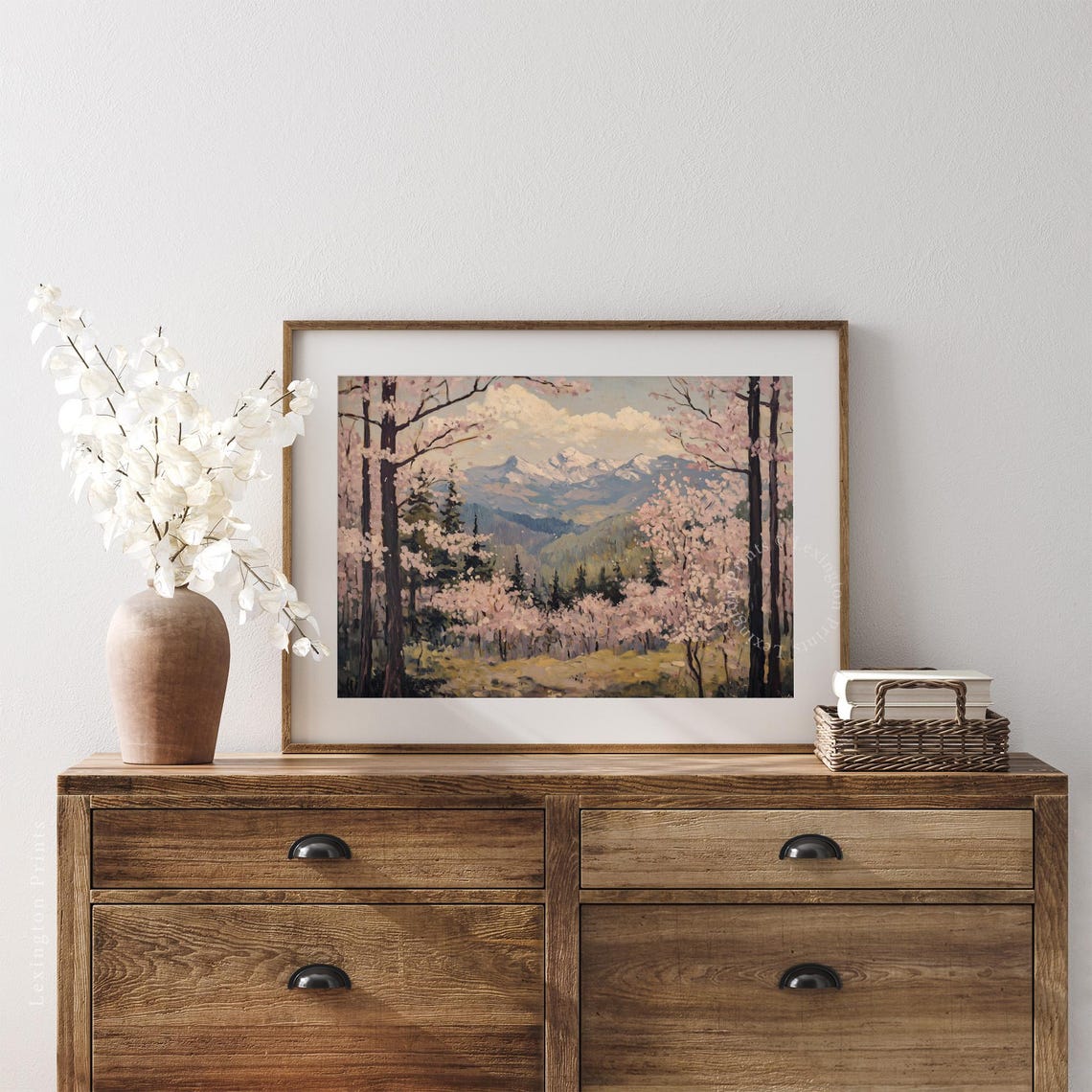 Cherry Blossom Grove with Dark Trunks and Snowy Peaks Wall Art - Image 6