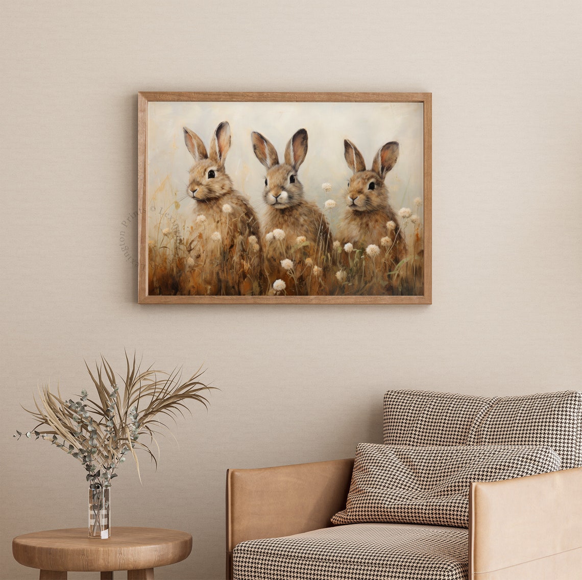 Three Bunnies Wildflower Field Vintage Spring Rabbit Painting Poster - Image 3