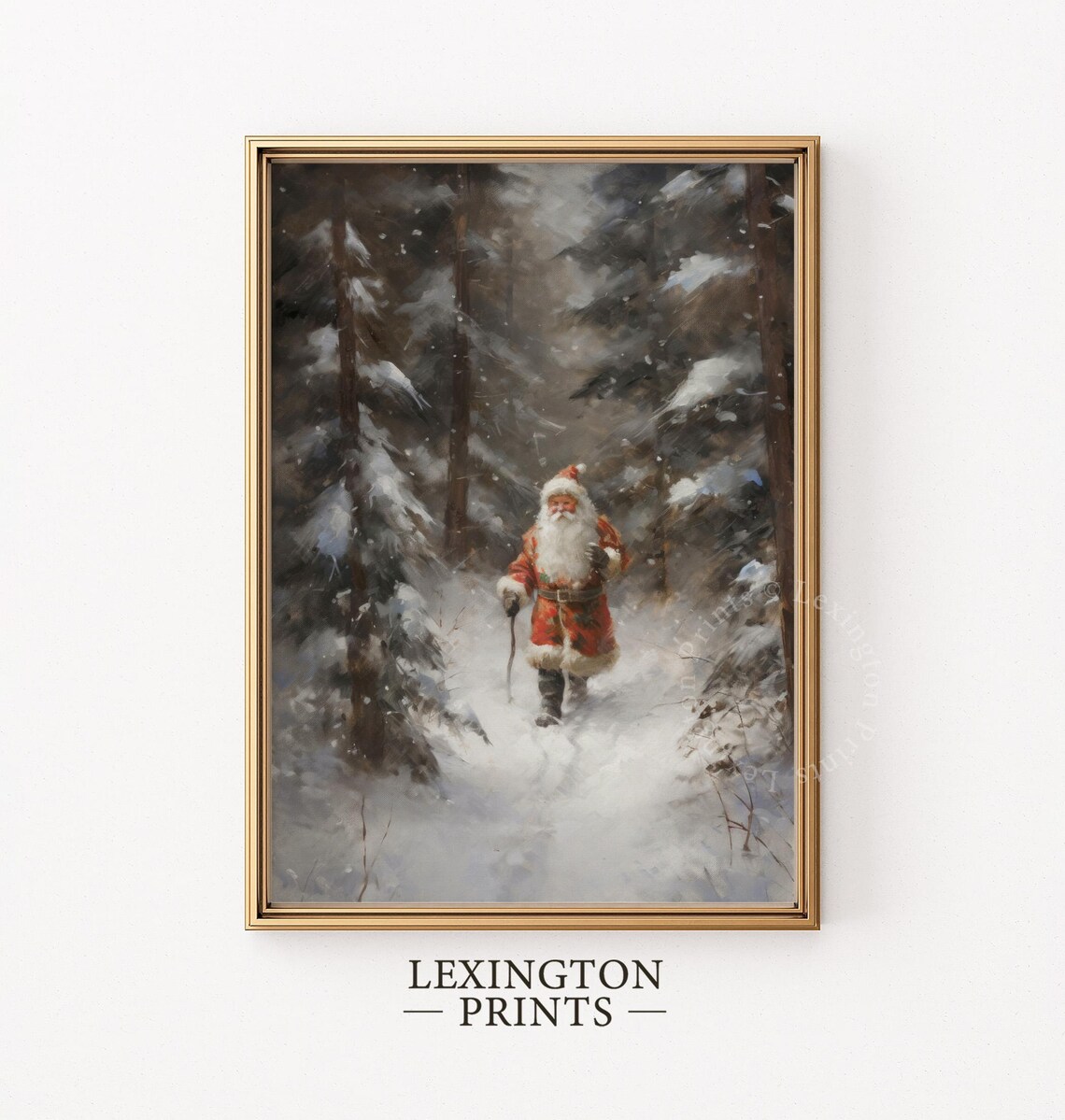 Santa Claus Walking Through a Snowy Forest Vintage Painting Poster - Image 6