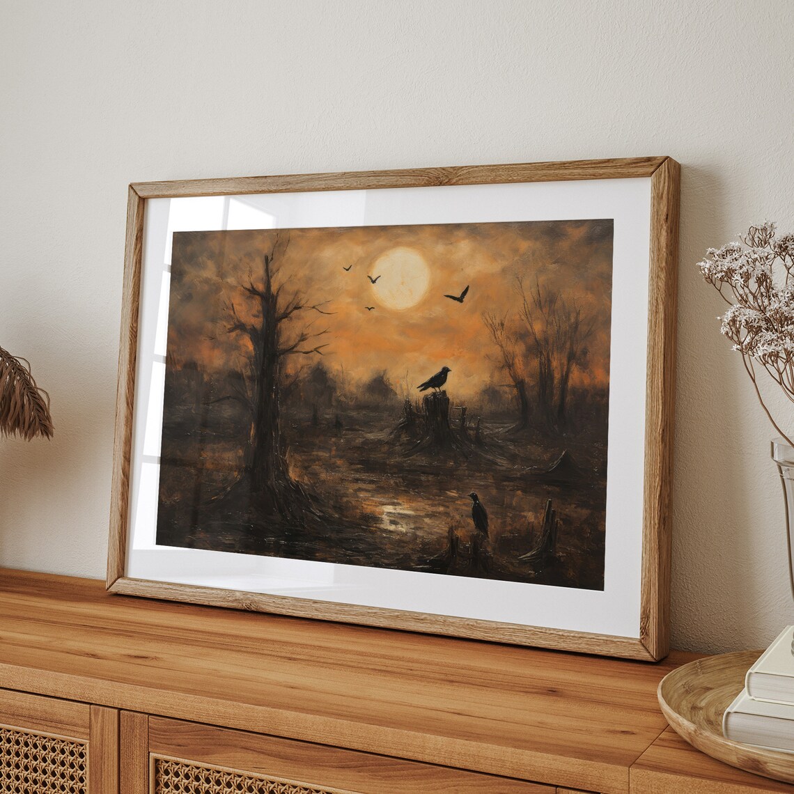 Raven On Tree Stump Full Moon Autumn Marsh Bats Gothic Halloween Poster - Image 6