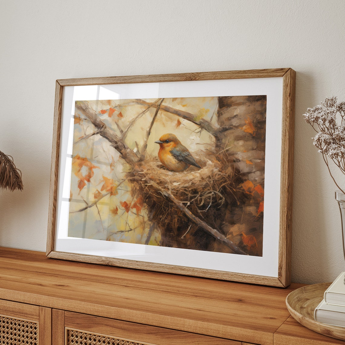 Orange Breasted Bird Resting in Nest Among Autumn Branches Poster - Image 7