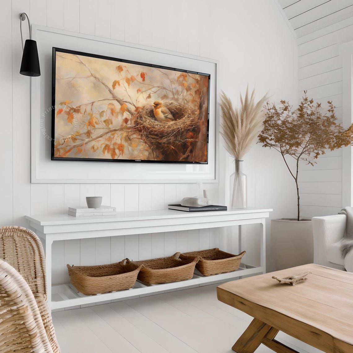 Small Bird in Nest on Autumn Branch Frame TV Art Nature Print - Image 3