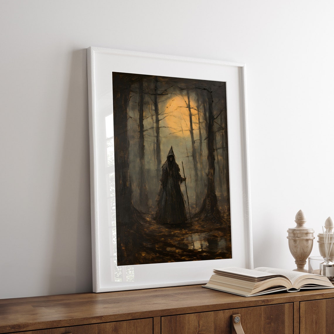 Dark Cloaked Witch With Staff Orange Moon Misty Forest Gothic Poster - Image 3
