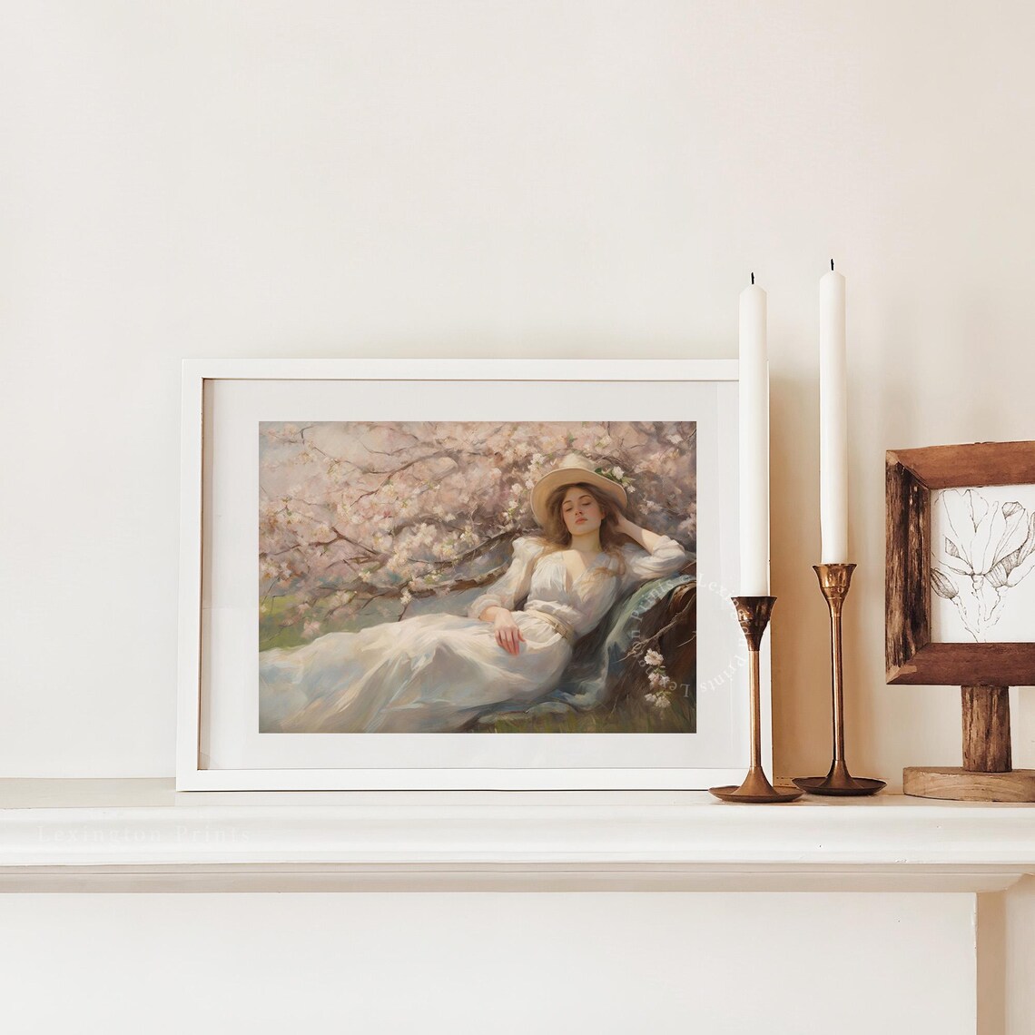 Woman Resting Under Cherry Blossom Tree in White Dress Spring Poster - Image 3