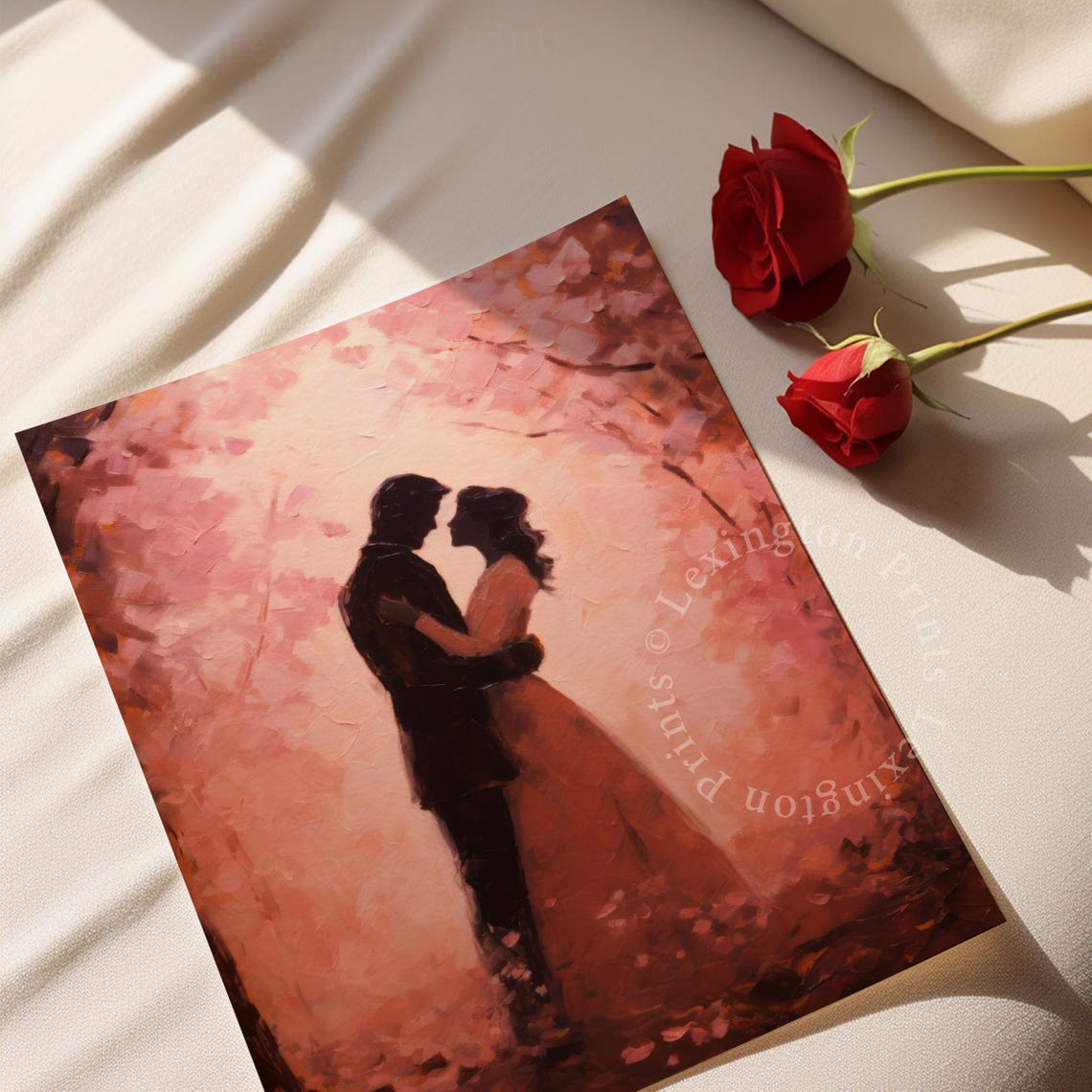 Romantic Couple Silhouette Embracing in Pink Blossom Trees Poster - Image 7