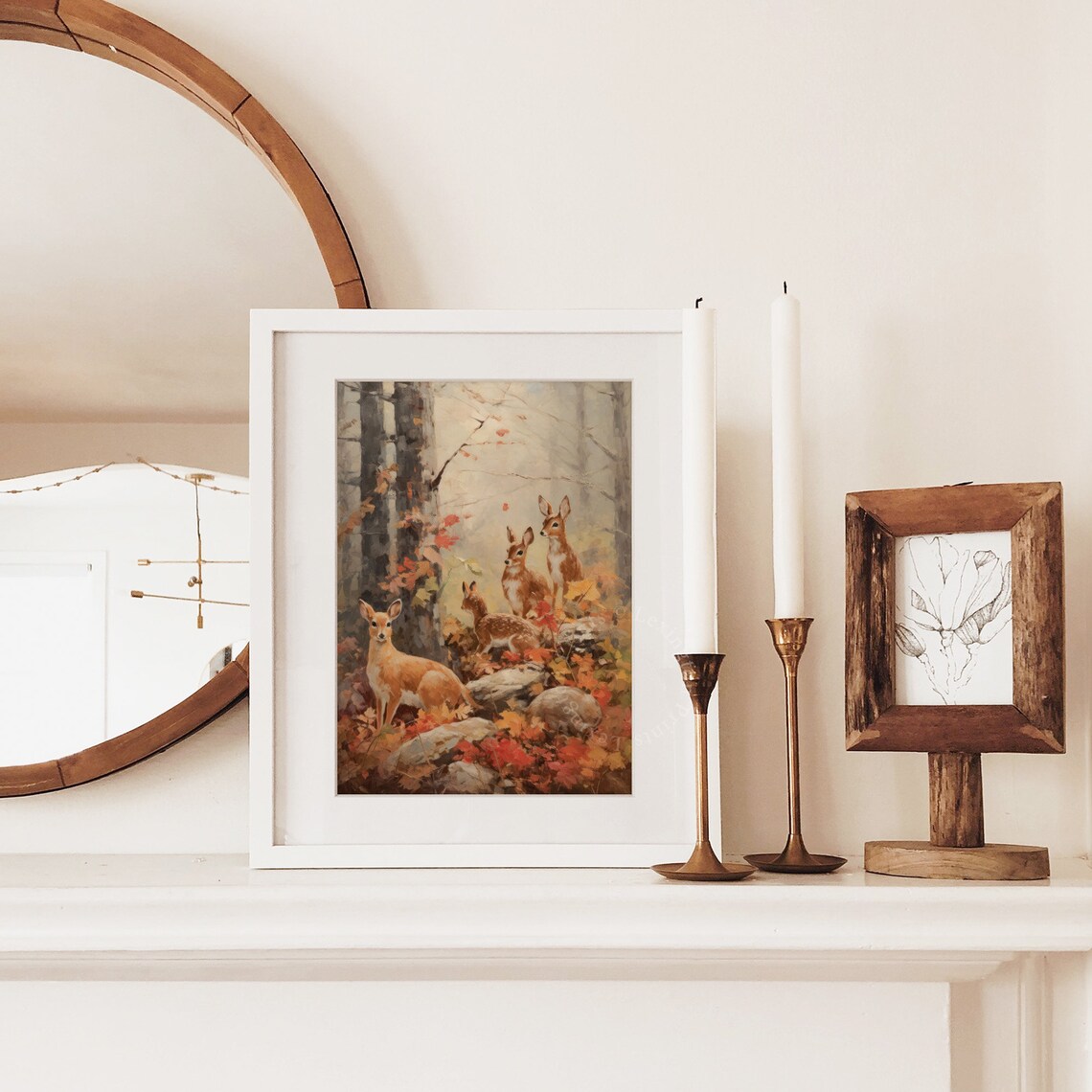 Fawn Family Among Red Autumn Leaves Misty Forest Fall Wildlife Wall Art - Image 2