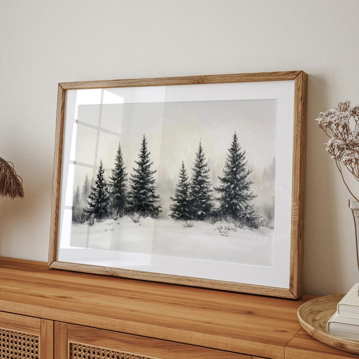 Dark Pine Trees in Falling Snow Neutral Minimalist Winter Poster - Image 8