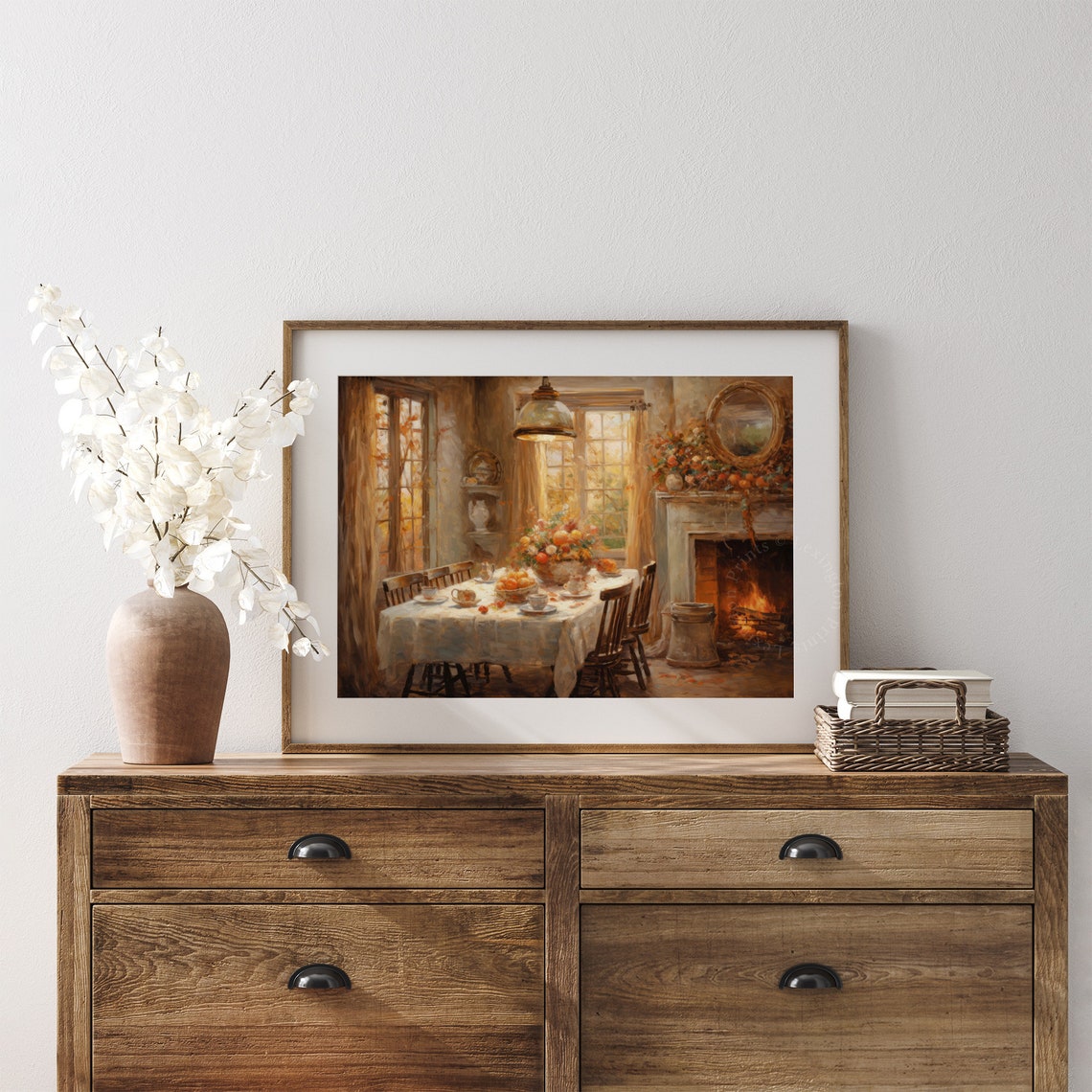 Cozy Autumn Dining Room with Fireplace Warm Fall Kitchen Wall Art - Image 6