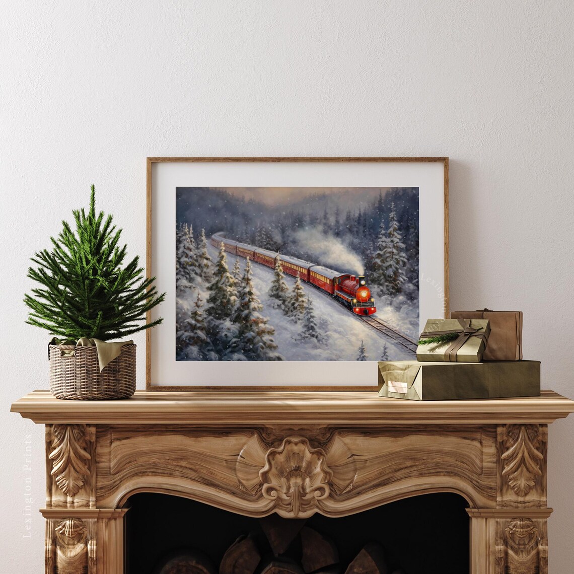 Christmas Train Snowy Forest Red Locomotive Vintage Holiday Poster - Image 3