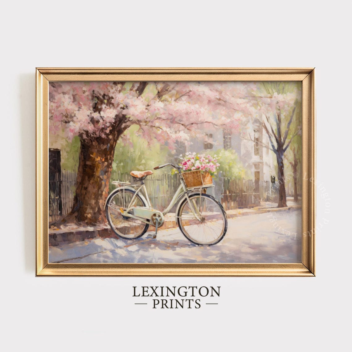 Vintage Bicycle With Flower Basket Under Cherry Blossom Tree Print