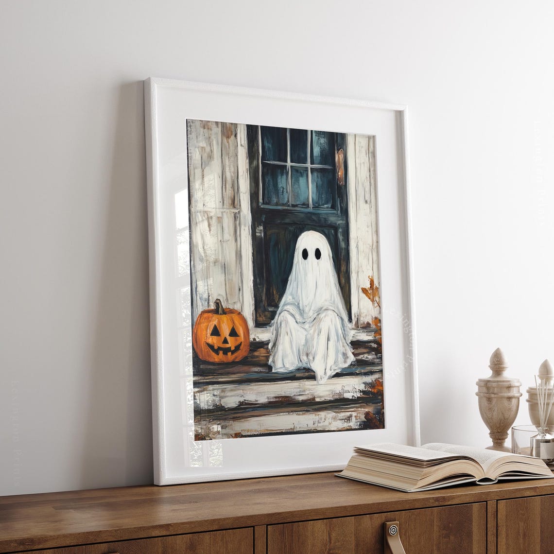 Ghost Sitting on Porch Steps with Jack-o-Lantern Halloween Poster - Image 7
