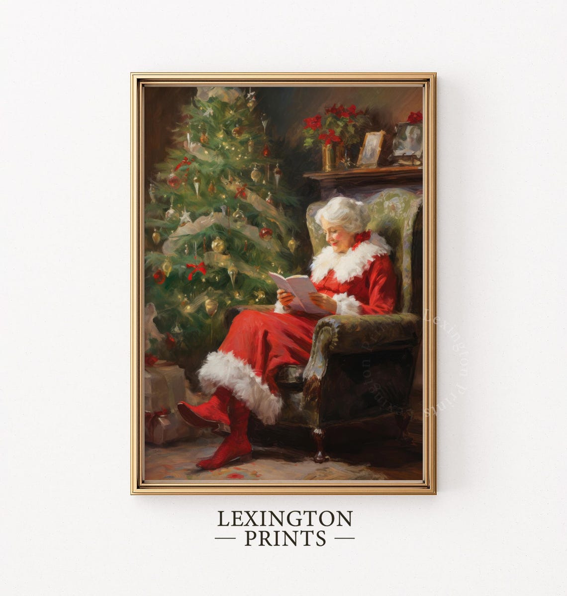 Mrs Claus Reading by the Christmas Tree Vintage Scene Poster - Image 5