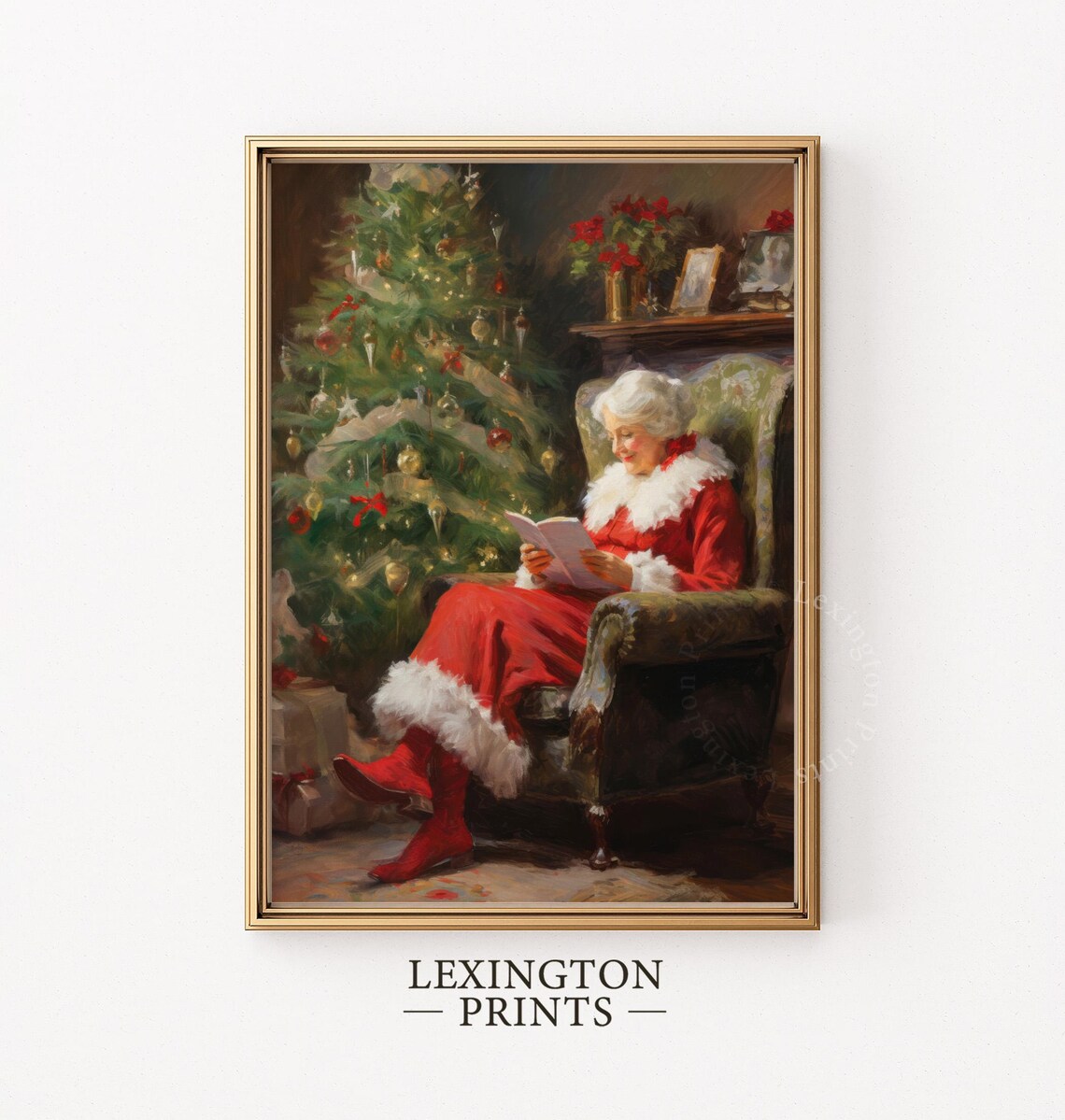 Vintage Christmas Wall Art Mrs Claus Reading Book Christmas Print Living Room Academia Santa Christmas Painting Winter Print 404 - Image 5