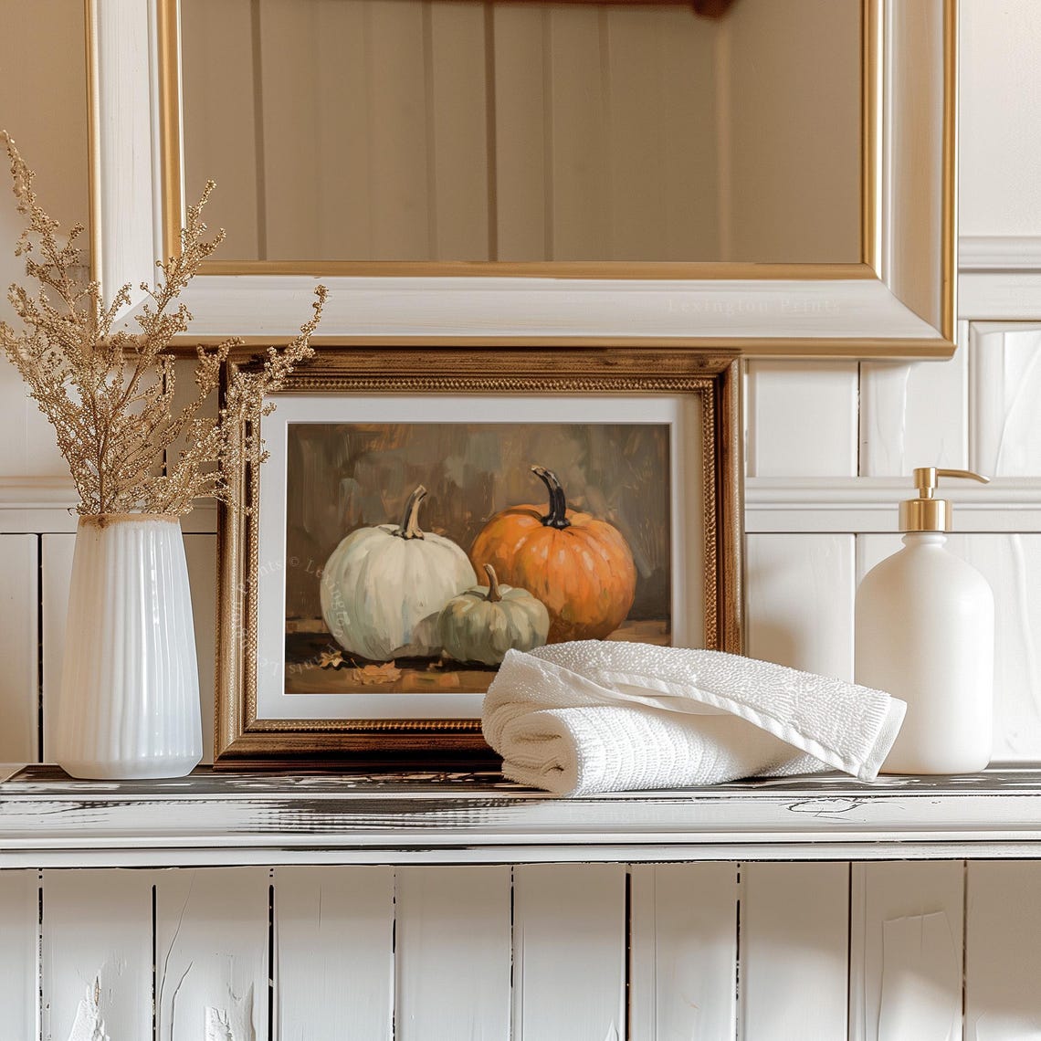 Three Pumpkins in Autumn Still Life Fall Harvest Decor Poster - Image 3
