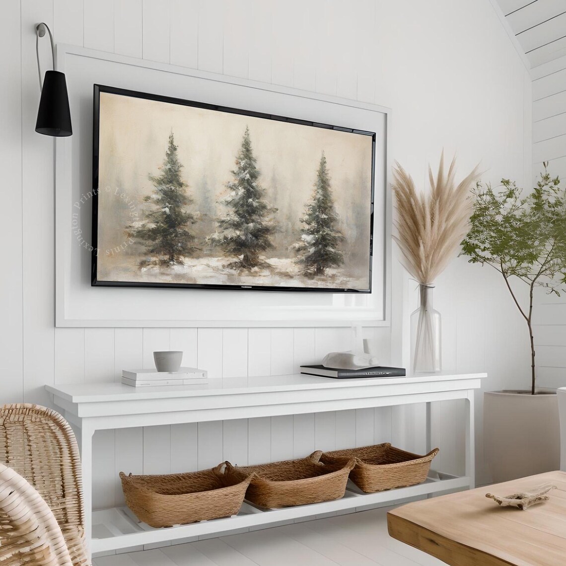 Three Snowy Evergreen Trees in Winter Fog Frame TV Art Poster - Image 2