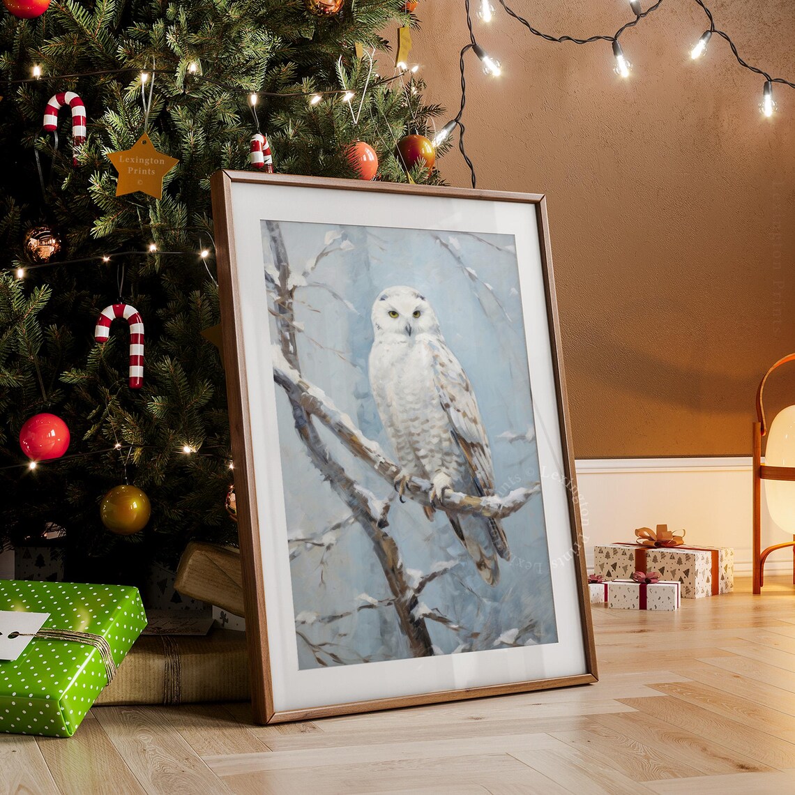 Snowy White Owl Perched on Branch Winter Wildlife Painting Poster - Image 8