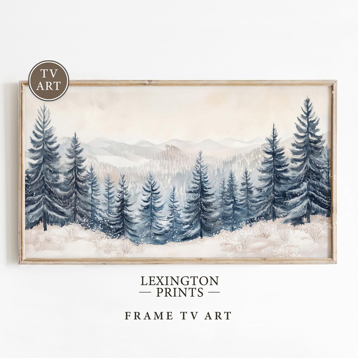 Snowy Pine Forest Under Misty Mountains Watercolor Winter Scene Poster