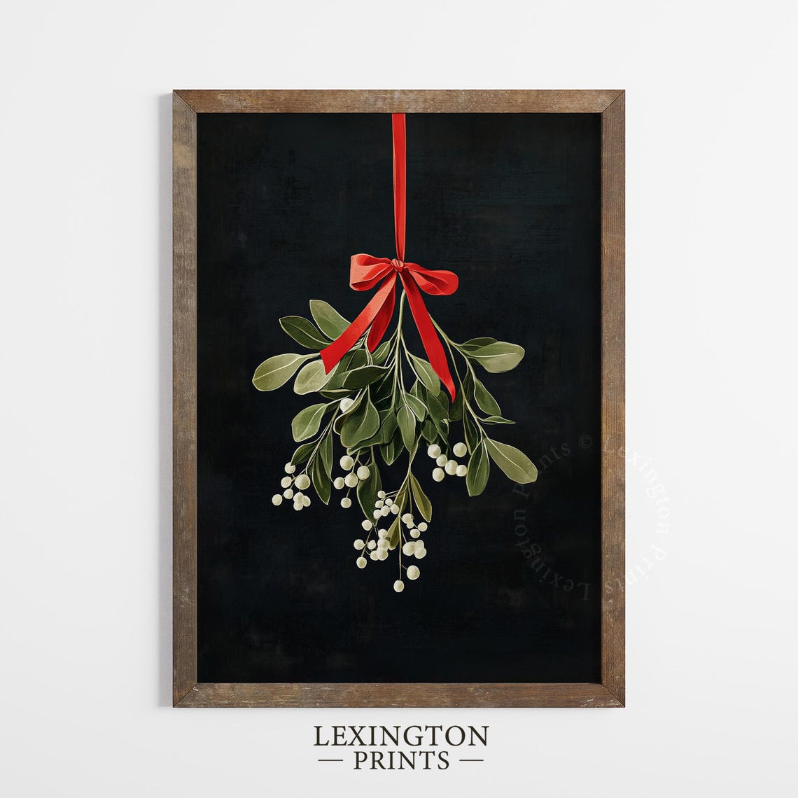 Mistletoe Hanging From Red Ribbon on Dark Background Botanical Print - Image 3