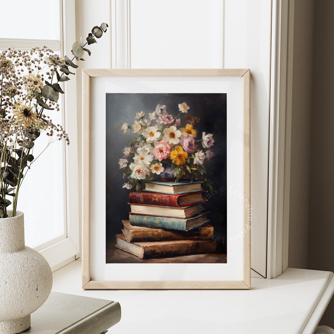 Wildflower Bouquet on Stack of Antique Books Dark Still Life Print - Image 7