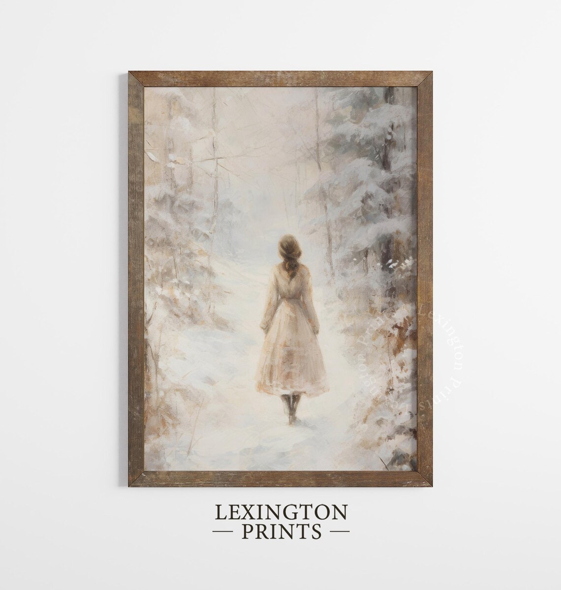 Woman in White Dress Walking a Snowy Forest Path Winter Poster - Image 4