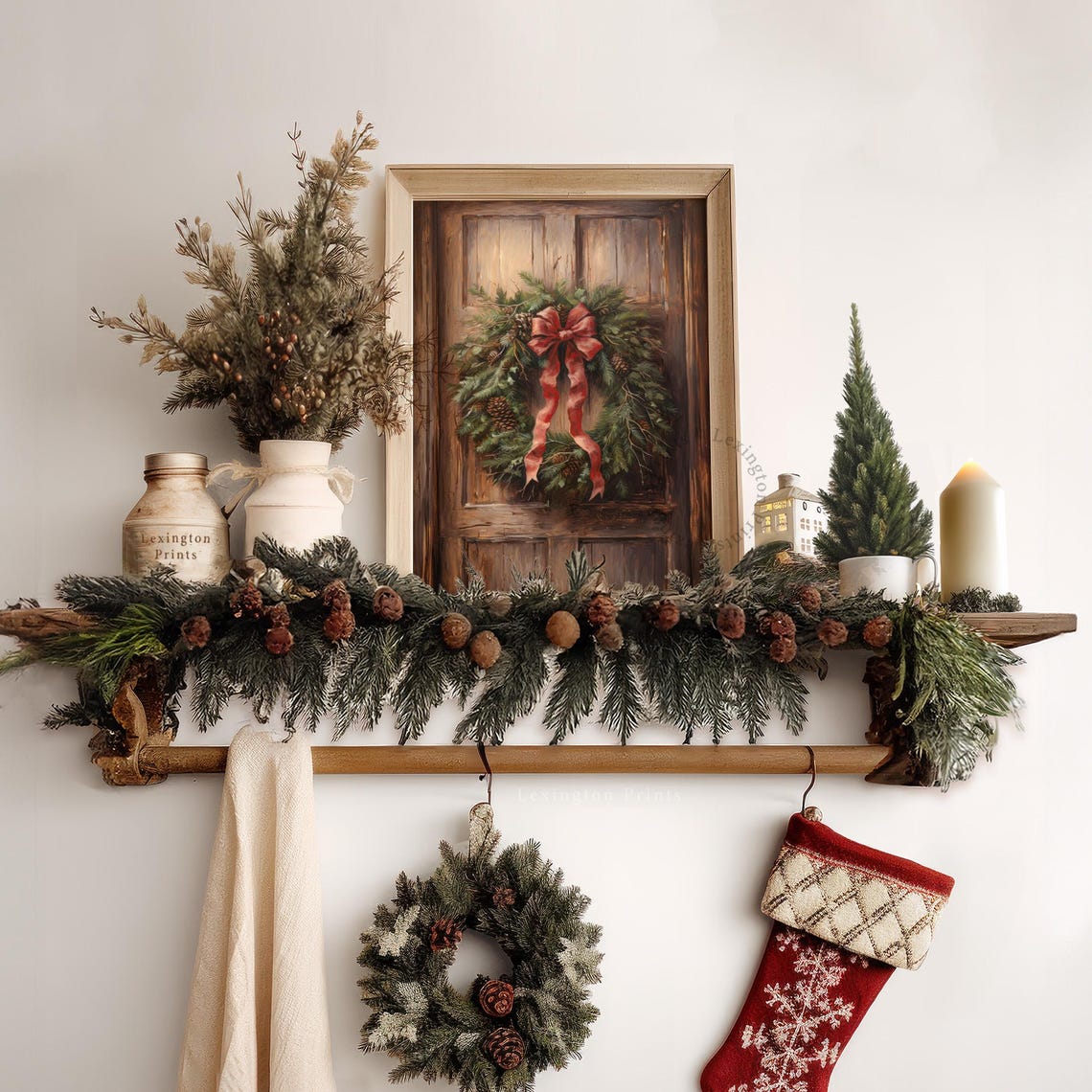 Christmas Wreath with Red Velvet Bow on Rustic Wooden Door Poster - Image 6
