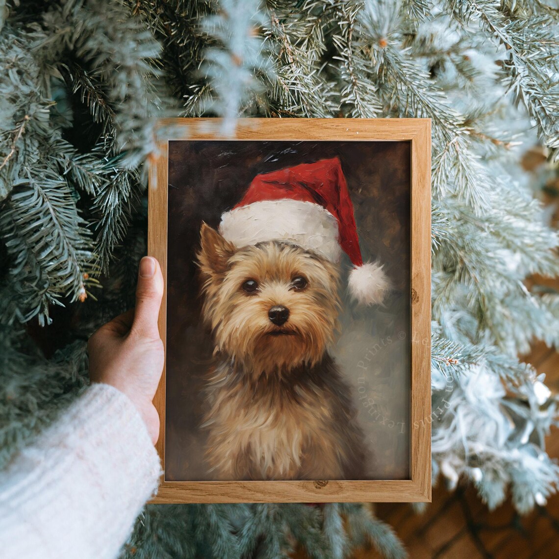 Small Dog in a Santa Hat Vintage Christmas Oil Painting Poster - Image 8