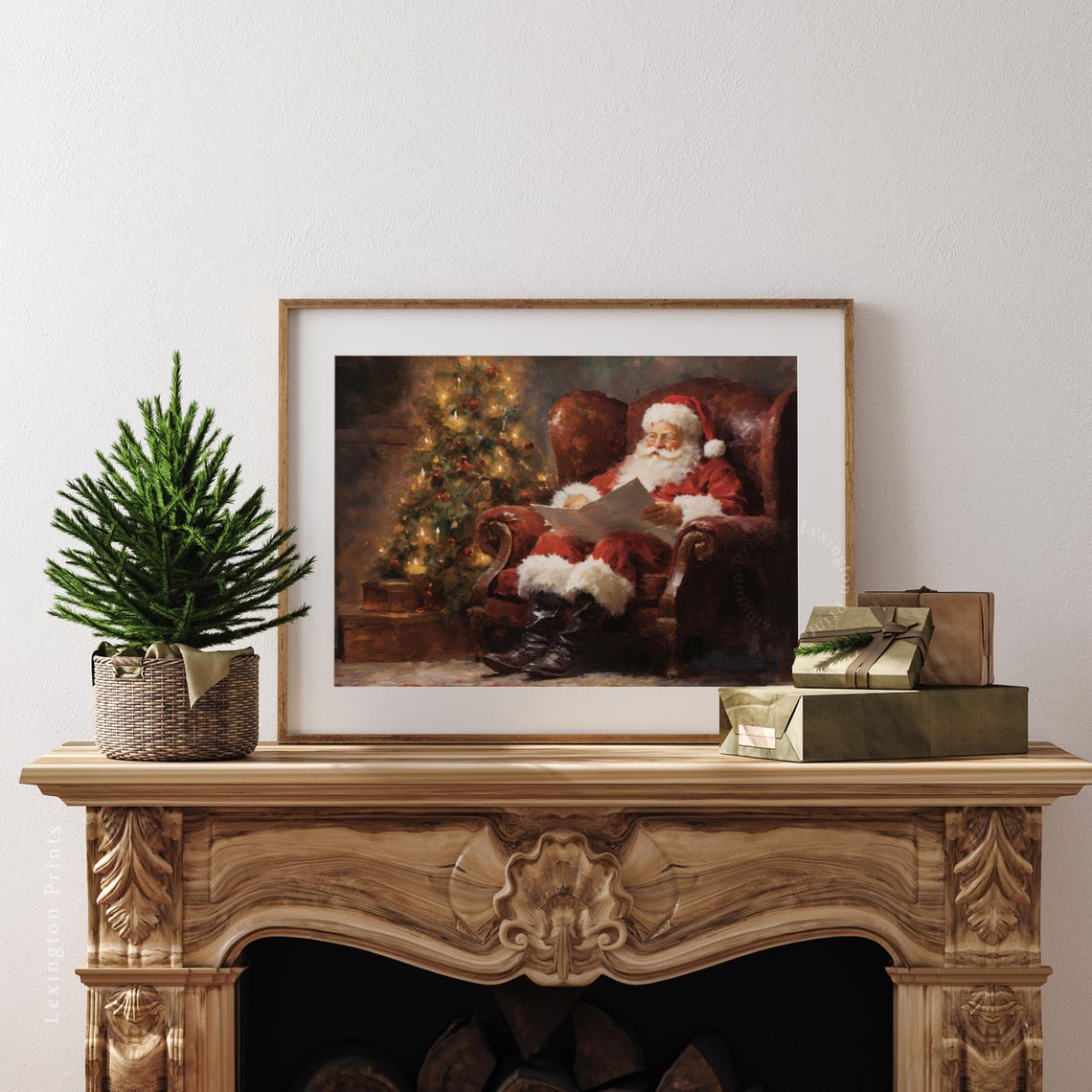 Santa Claus Reading Letter Armchair Christmas Tree Painting Poster - Image 3