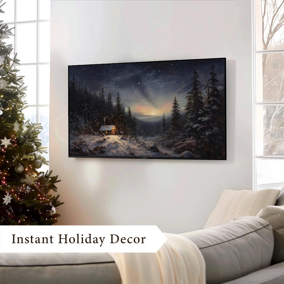 Snowy Cabin Night Forest Crescent Moon Starry Sky Frame TV Art Poster - Image 4